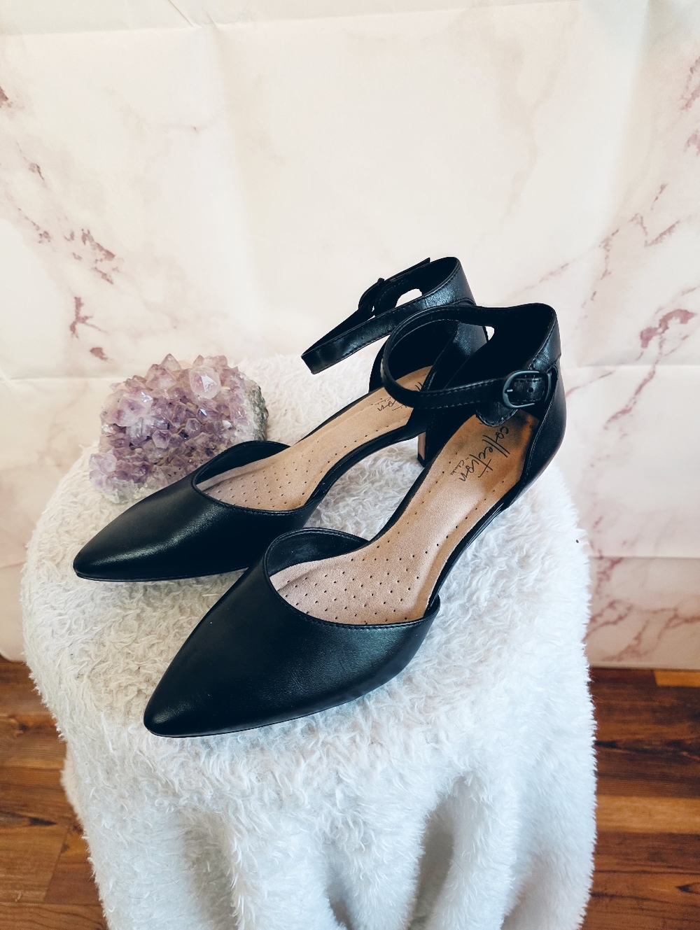Clarks Collection Black Ankle Strap Heels Size 6.5 Comfort Kitten Heel 1" Work - Picture 6 of 9